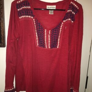 NorthStyle Red Long-Sleeve V-Neck Top with Navy & Cream Embroidery